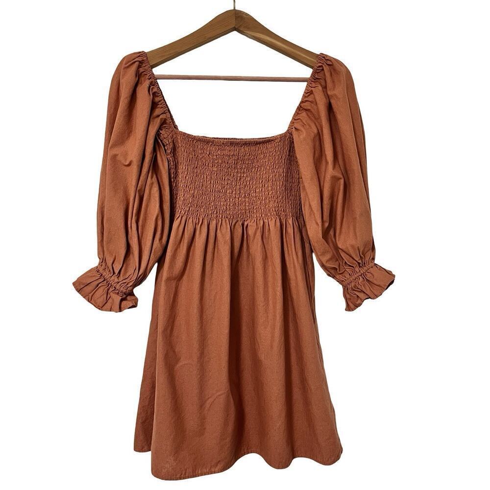 Kourt Portia Smocked Flax Blend Mini Dress Size L Burnt Orange Puff Sleeve Beach